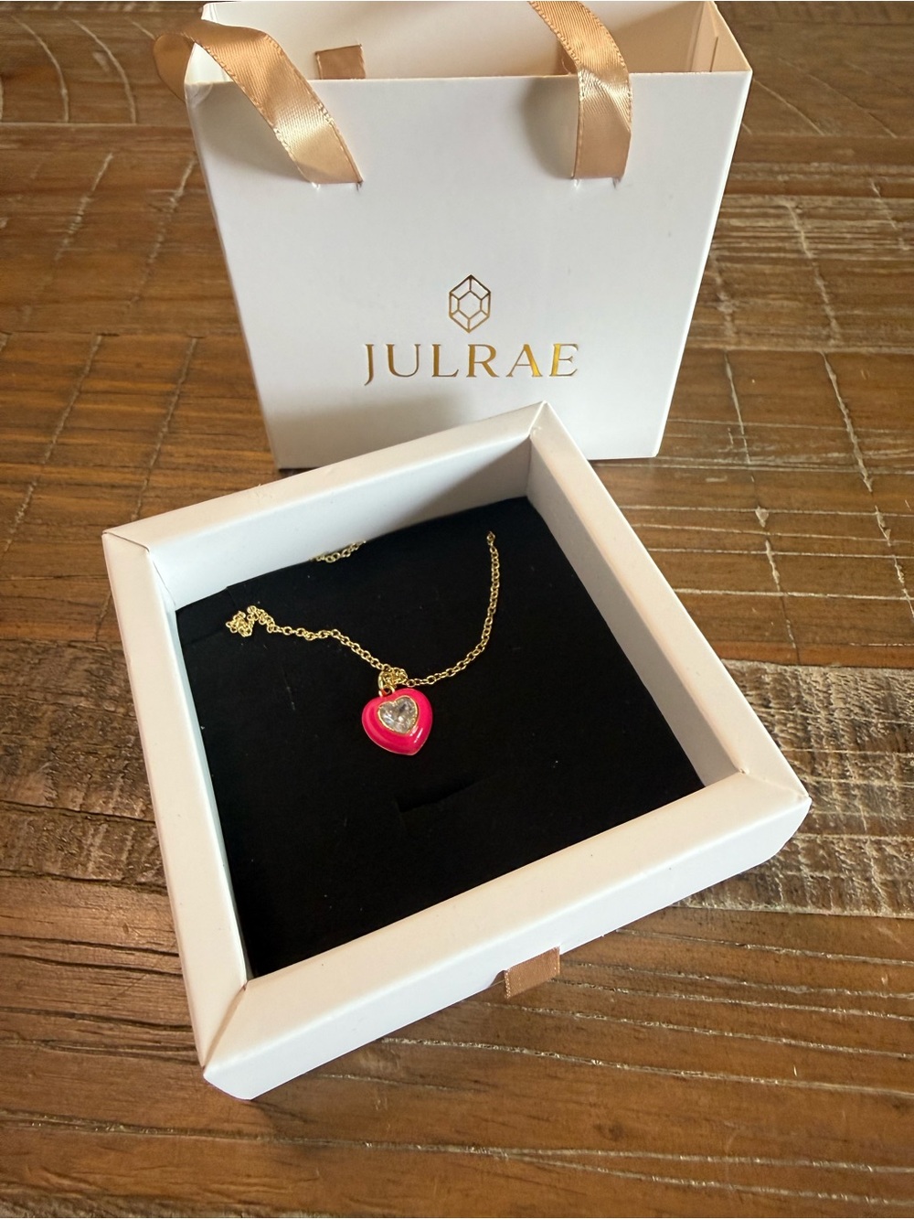 JULRAE Neon Pink Enamel Heart Necklace Gold Tone NIB